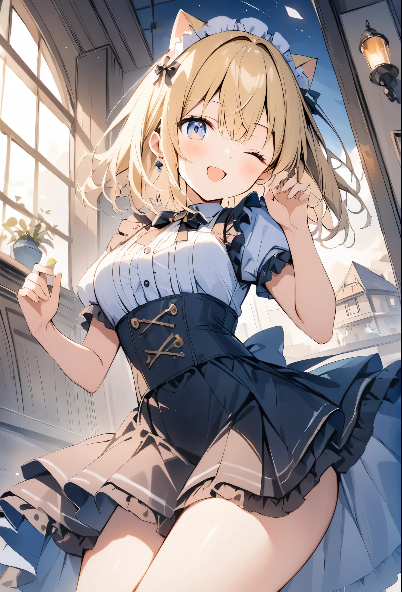 absurdres,watercolor,oil,超High resolution, Attention to detail, high quality, High resolution, 最high quality, 4K, 8K, Awards, (artwork),Night House、A beautiful candle flame、(Lens flare:1.3),Maid clothes、Blonde、Blue Eyes、(one eye closed),claw pose