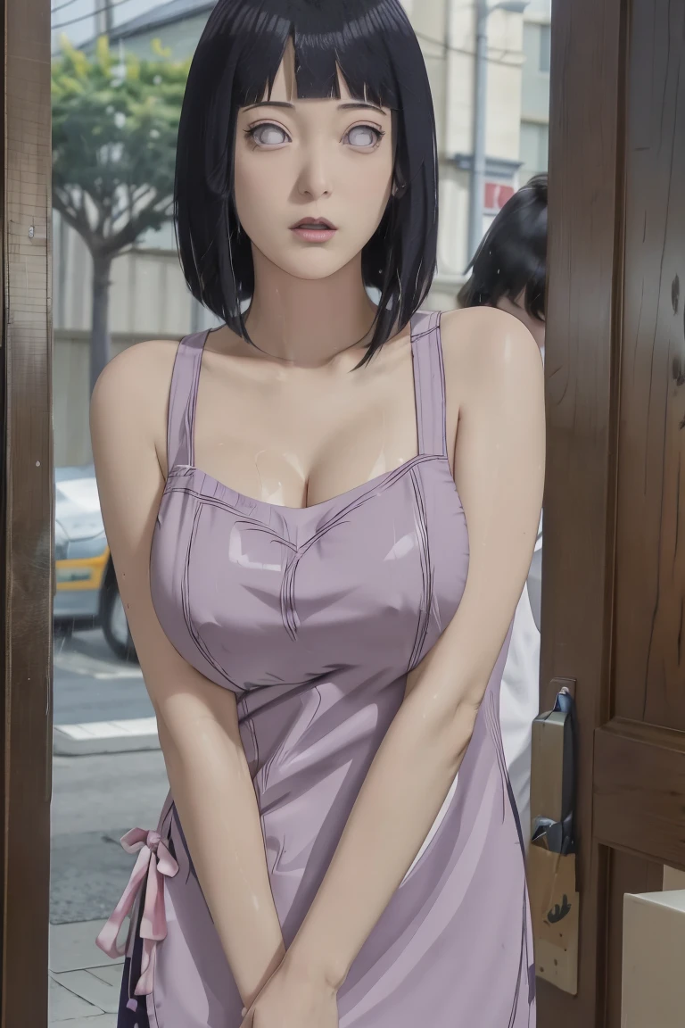 Made, absurderes, Hinata\(Boruto\), 1girll, Solo,Mature female, view the viewer,Perfectcomposition, Detailed lips, big breast, Beautiful face, body propotion, Blush, Long hair, Purple eyes, Soft Gaze, Sticky Liquid In the mouth, Sticky Liquid in the Breast, Super realistic, Detailed, photoshoot, Realistick faces and bodies,(perspire,Sweat a lot,Blushlush,Be red in the face,Blushlush),(Bigboobs),Outdoors,Stand at the door of the phone booth,natta,raining day, ((apron)), ((cleavage)), sideboob