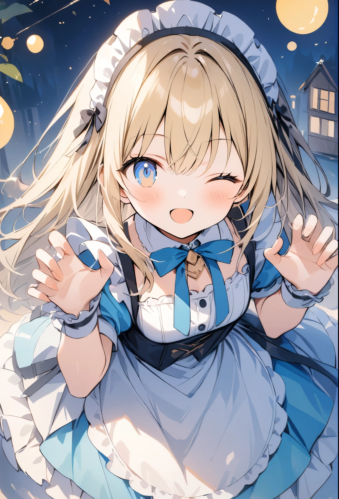 absurdres,watercolor,oil,超High resolution, Attention to detail, high quality, High resolution, 最high quality, 4K, 8K, Awards, (artwork),Night House、A beautiful candle flame、(Lens flare:1.3),Maid clothes、Blonde、Blue Eyes、(one eye closed),(claw pose),close-up