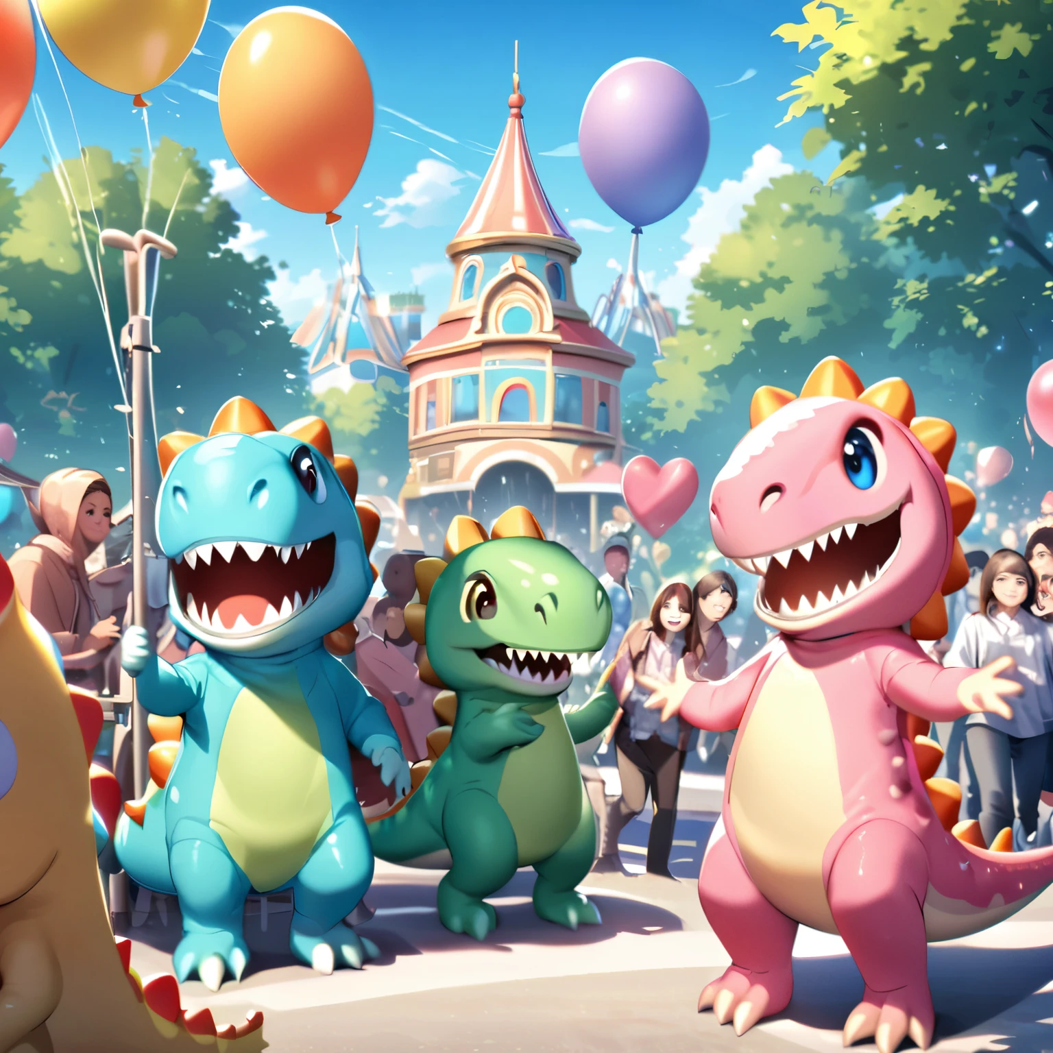 Amusement park on a sunny day, (attendants in pink dinosaur costumes), smiling children around dinosaur costumes, attendants holding a bunch of balloons, sunny blue sky, people smiling, people playing on playground equipment in the background,