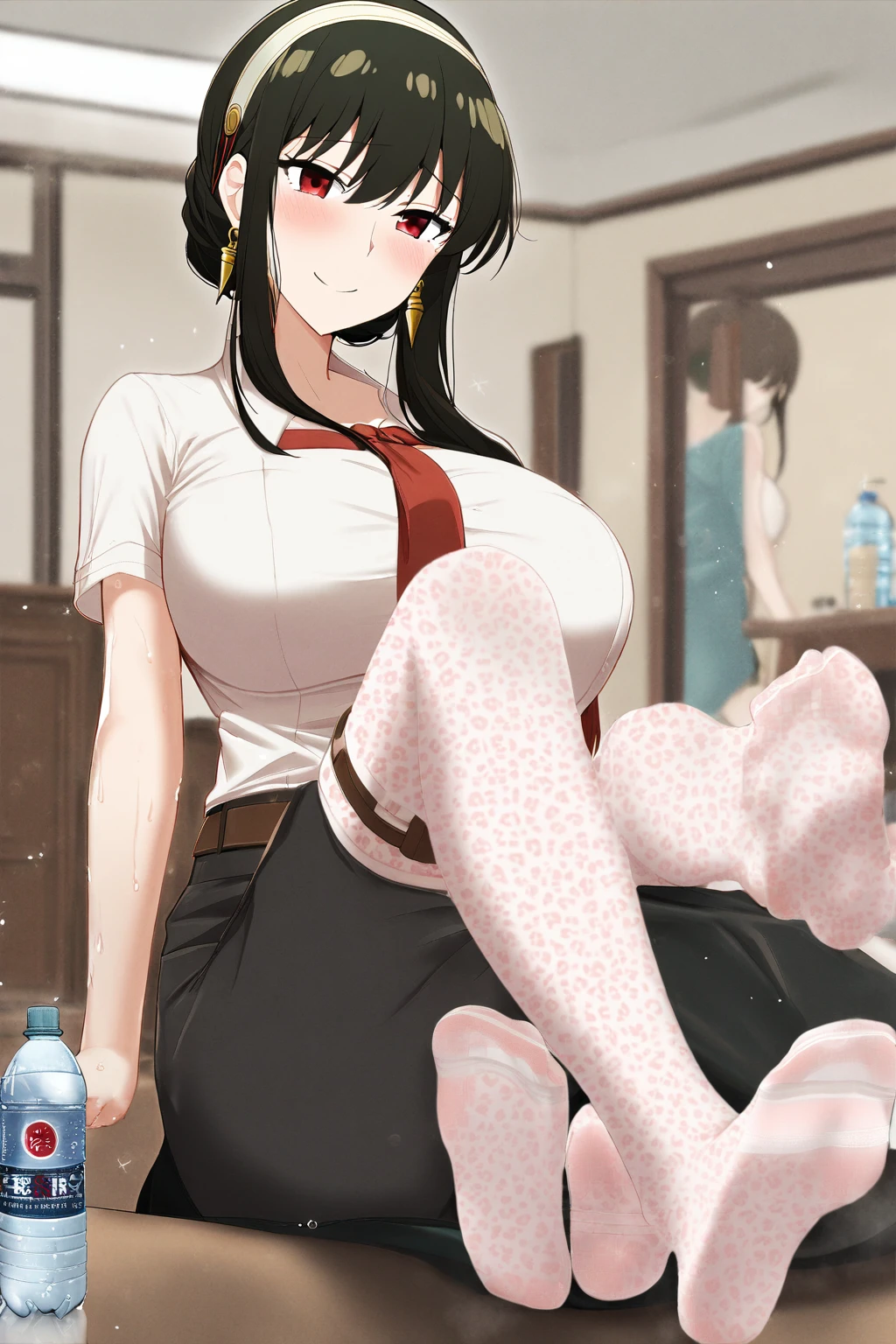 1girl,yorbriar,yor briar,spy×family,(brunette),1girl,shy,office background,tie shirt,leopard print,big breasts,belt, slightly pink knees,pink feet,smile,white headband, Looking at the audience, white garter stockings, leg rings, soles, foot sweat and a mineral water bottle between the feet.