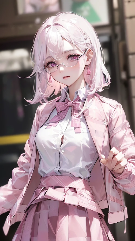 Photograph of the upper body of a beautiful woman, , [see through](white shirt:1.47),(pink plaid skirt:1.47),(pink jacket:1.47) big breasts, (small waist, perfect body), earring, Sharp focus, (tall body, mature woman), ((Looking ahead)), (Highly detailed skin, hair follicles:1.4,white skin) (long white hair,purple eyes) wear glasses, Looks embarrassed.