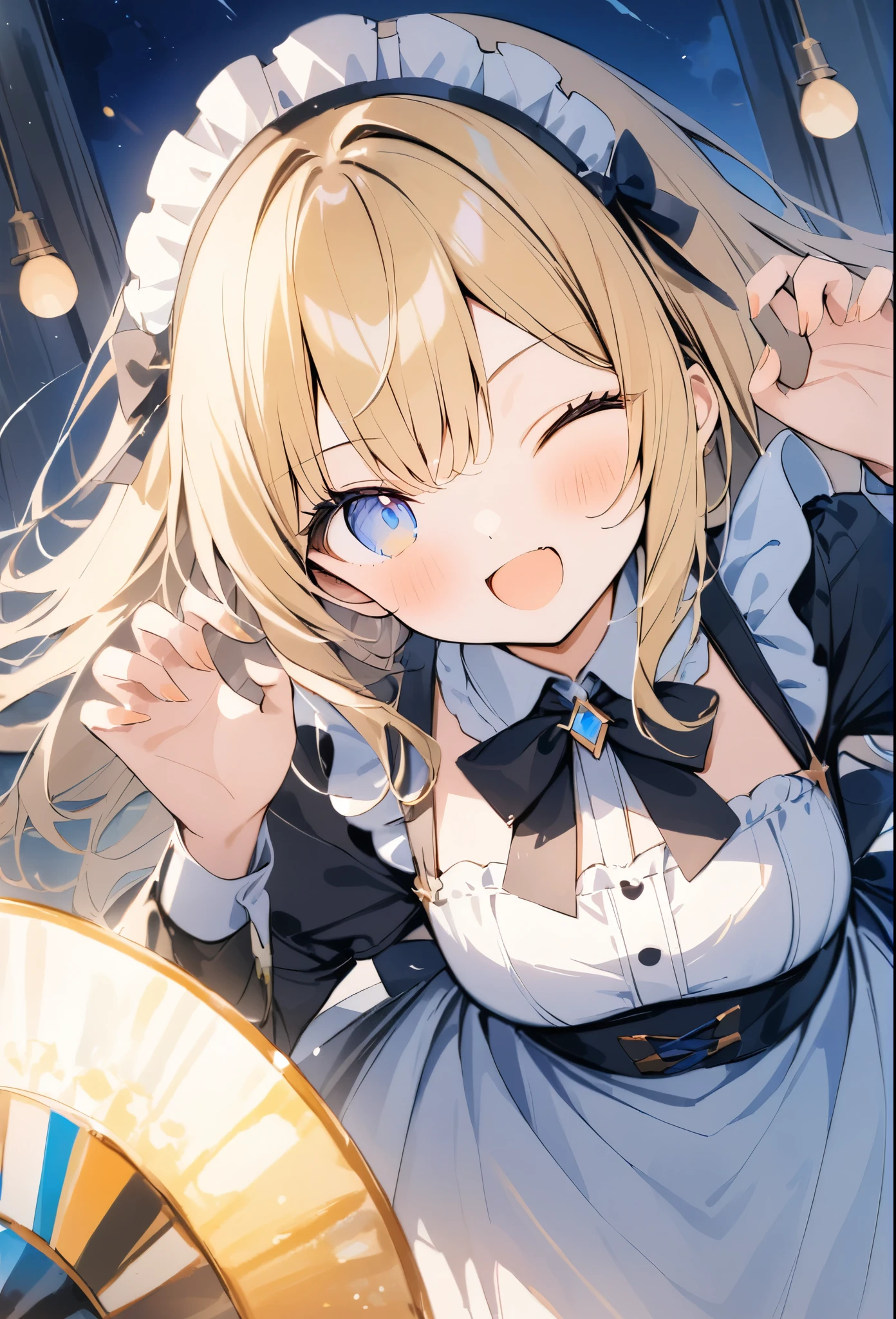 absurdres,watercolor,oil,超High resolution, Attention to detail, high quality, High resolution, 最high quality, 4K, 8K, Awards, (artwork),Night House、A beautiful candle flame、(Lens flare:1.3),Maid clothes、blondes、blue eyes、(one eye closed),(claw pose),close-up,(One tusk)