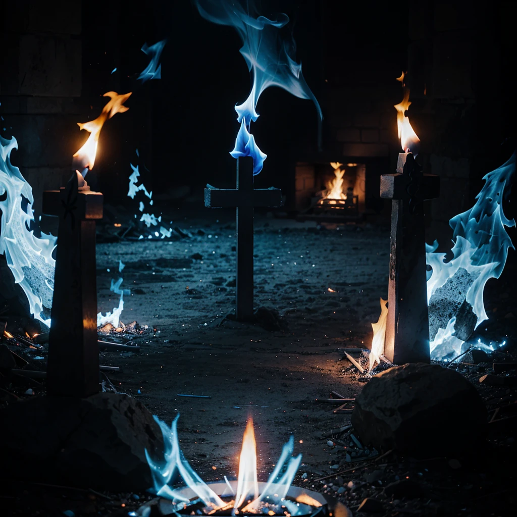 Blue fire flame with a cross in the middle