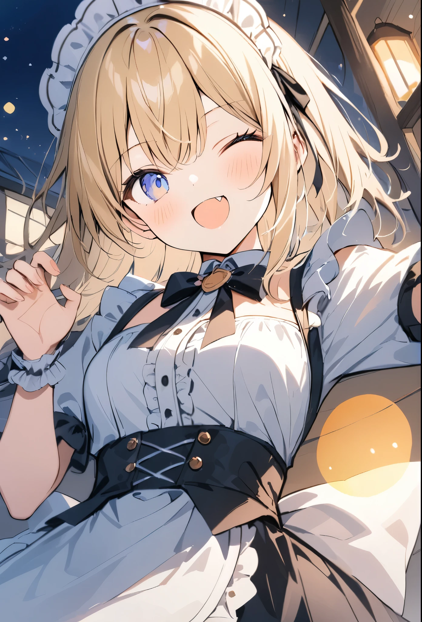 absurdres,watercolor,oil,超High resolution, Attention to detail, high quality, High resolution, 最high quality, 4K, 8K, Awards, (artwork),Night House、A beautiful candle flame、(Lens flare:1.3),Maid clothes、blondes、blue eyes、(one eye closed),(claw pose),close-up,(fang)
