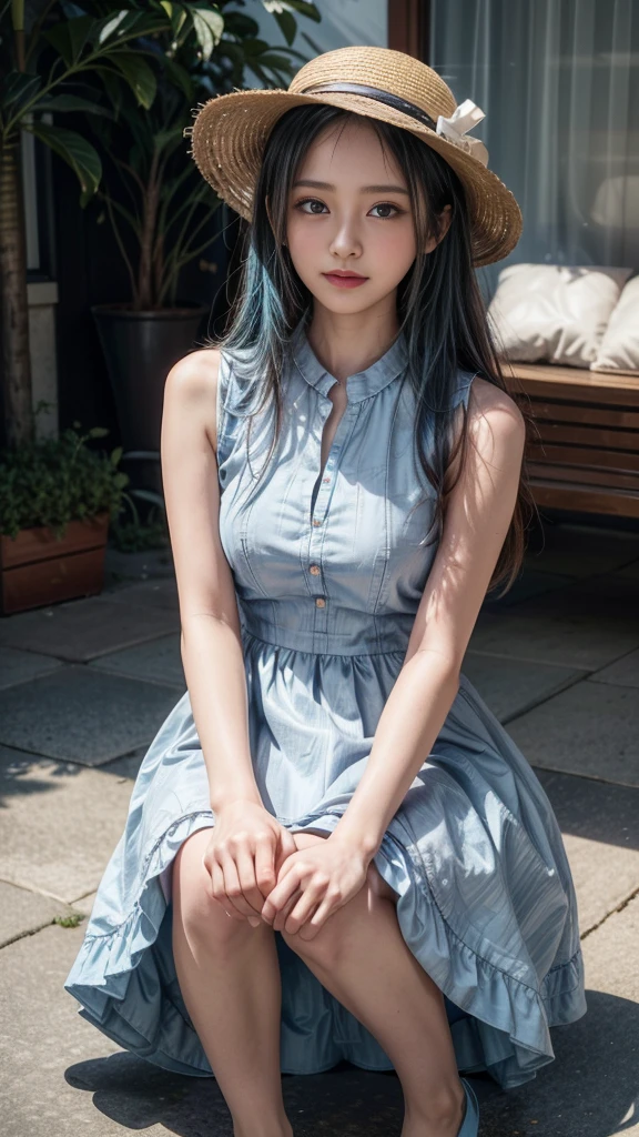 (Beautiful girl wearing a big straw hat and a blue light dress), artwork in the style of Gwaiz, Beautiful girl full body, Gwaiz, Beautiful style, (Turquoise haired girl), Short Hair, Face:1.5, (A little naughty style), (Highest quality, 8K, masterpiece:1.2, RAW Photos), ((In the art style of Bouwater)), (Detailed eyes and face:1.2, Professional photography techniques, Cinema Lighting), Gaze at the viewer, blush, (Cute pose:1.3), (A look that captivates everyone:1.3), Perfect hands, Detailed hands, Beautiful little hands of a girl
