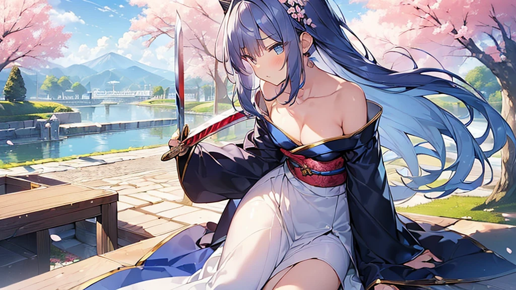 keqing_\(genshin_impact\), hiten kei style, detailed background, masterpiece, hyper realistic, realistic skin, best quality, 1girl, lakeside, medium breasts, huge nipples, erect nipples, looking at another, topless, full body, vector illustration, nipples, light smile, blunt bangs, long hair, stomach, navel, bare shoulders, purple hair, twintails, wet, soaked, raining, sarong, loincloth, black pantyhose, red tassel, magnolia leaves, autumn, sky, hands up, arched back, stretching, open mouth, bored, waterfalls, cliffs, falling leaves, resting, holding a sword, wet body, posing