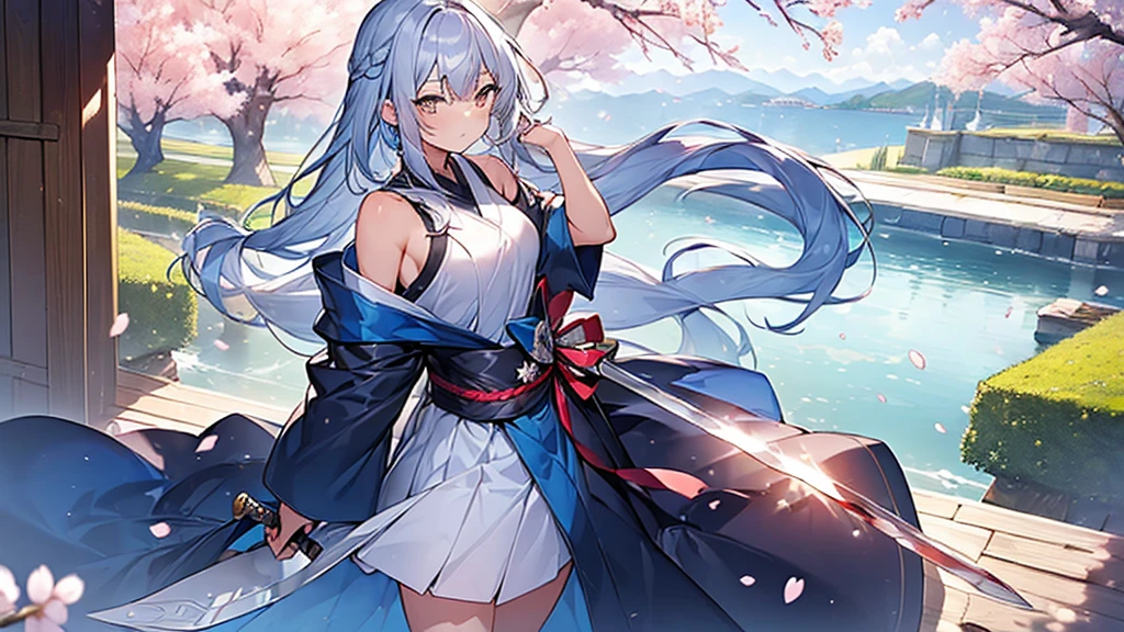 (masterpiece, Highest quality: 1.5) , , Dynamic pose, 1 beautiful girl(Grasp the sword:1.3), Alone wearing a Japanese kimono, Silver Hair, (Blue too :1.3), Off the shoulder, Long Hair, Wavy Hair, (:1.2), Medium chest, Standard weight, (anger), Beautiful view of cherry blossoms, Amazing panoramic views, SakuraFubuki:1.2