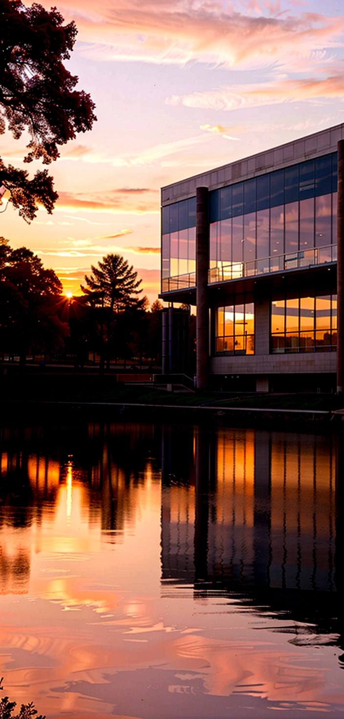 A modern large library stands on the lakeside of a beautiful university campus,In the distance is the setting sun, casting a red glow on the horizon