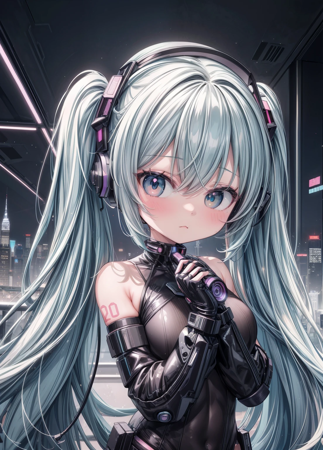 (masterpiece、Highest quality、Highest quality、Official Art、Beautiful and beautiful:1.2)、(One girl:1.3)Hatsune Miku、Twin tails,Beautiful breasts,(Highest quality, 4K, 8K, High resolution, masterpiece:1.2), Very detailed, Sci-fi close-up of a hairy woman in a helmet, ((Radio City, Rich changes in light)), Very complex and detailed expression, Science fiction fusion, bear girl, Cyberpunk Fashion, High Contrast, (((Expressing Chibi Kawaii:1.2))).