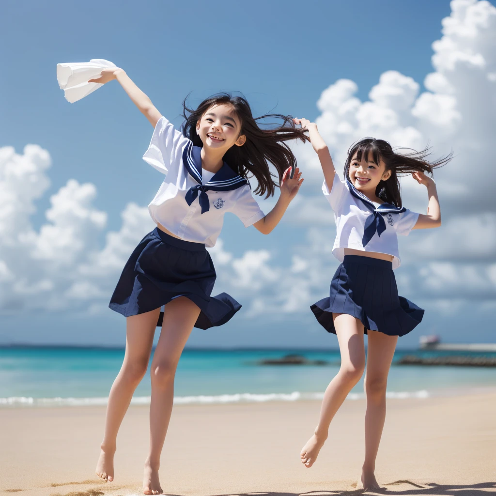 1girl,(((Okinawa ocean)))、(((White sand beaches in Okinawa)))、(((Just join your hands and pray)))、(((Mysterious look)))、8k UHD、Digital single-lens reflex camera、High resolution、Shallow depth of field、Natural light、(((Sailor suit)))、へそ出しルック、(((navy blue super mini skirt)))、(((A sparkling, charming smile)))、(((Full body photography)) )、Small person、(((Young face)))、1 Japanese female、;beautiful girl、(Black Hair)、A strong wind blows up my skirt、(((Brown eyes)))、Glowing Skin、Smooth Thinning Hair、Long Hair、Detailed background、Detailed eyes and face、Clear Eyes、Cute smile、Calm atmosphere、(((stage)))、(((Small breasts)))、(((Beautiful Eyes)))、Flat chest、Children、(((Toned thighs))) 、(((Angle from below) ))、(((Fine lips)))、(((Skirt fluttering)))、Shining beautiful legs、( Skirt fluttering violently in the strong wind :1.4), (hair blowing in the strong wind:1.4), (leaning forward)、barefoot、barefoot、((((A skirt flipped up by a strong wind))))