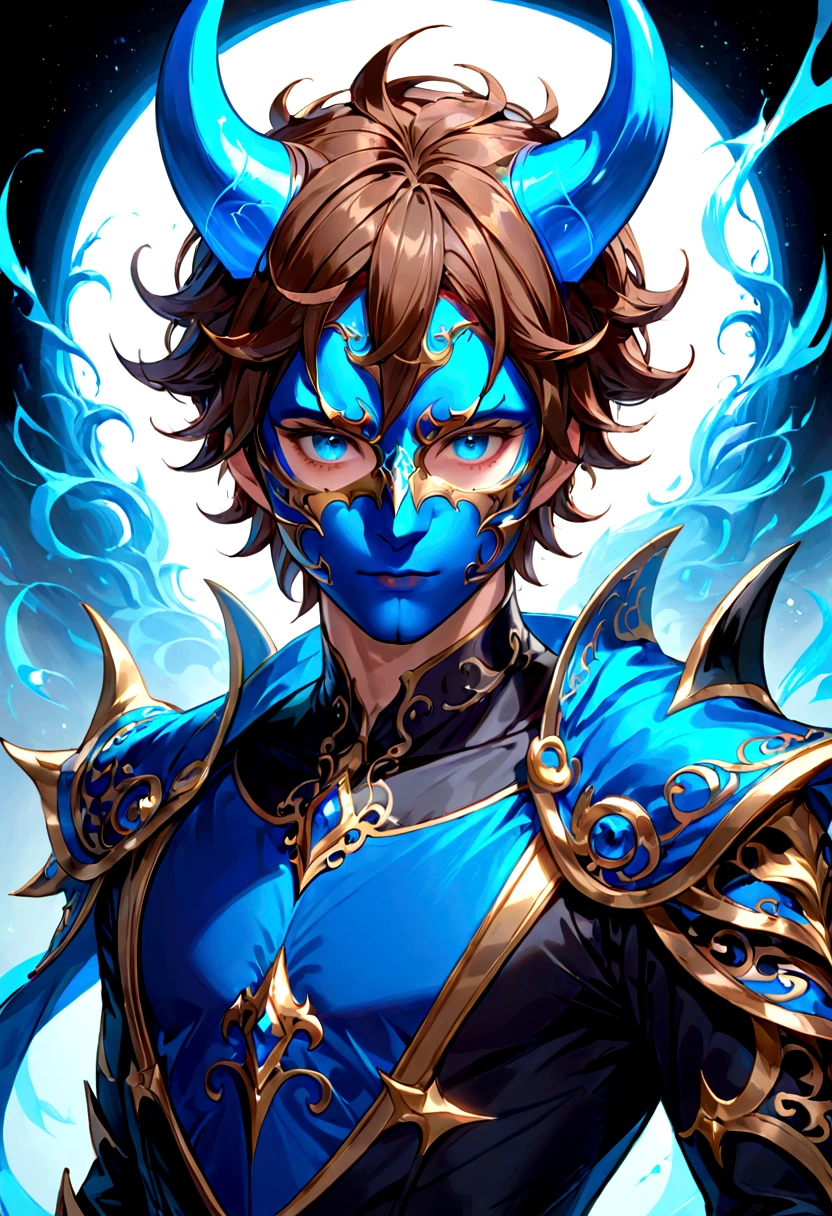 (man in half mask)(blue color)(blue eyes) brown hair)(blue horns)