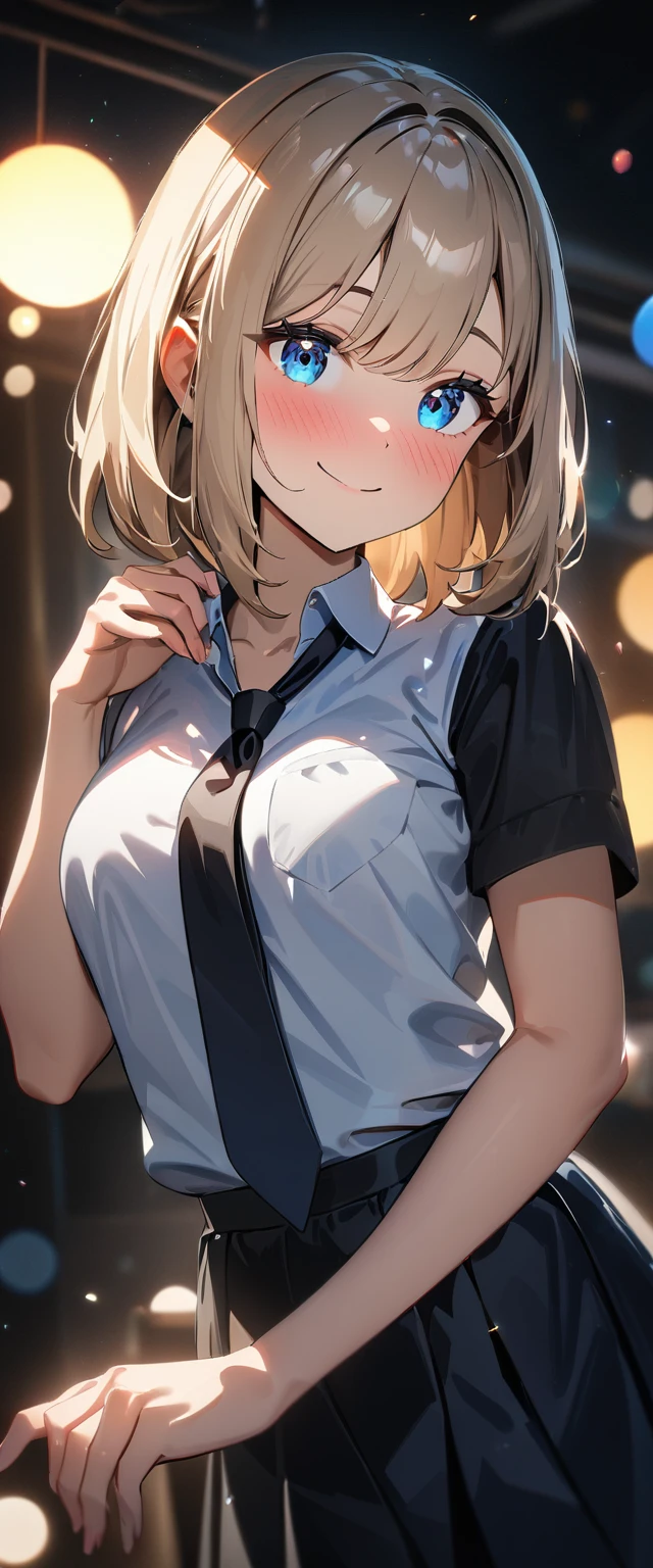 (((One girl))), blond hair, bob cut, (cowboy shot), (looking at viewer), face in focus, breasts, teenager, head tilt:1.3, (((blue eye))), ((happy smile)), ((full face blush)), school summer uniform, white shirts, black tie, black skirt, cleavage, anime style, (best quality, 4k, 8k, highres, masterpiece:1.2, ultra-detailed, ultra-detailed eyes, HDR, UHD, studio lighting, ultra-fine painting, sharp focus, physically-based rendering, extreme detail description, professional, vivid colors, bokeh)