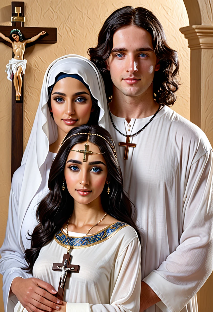 Create a couple made up of a woman with dark hair, light skin, blue eyes and Arabic features wearing novice clothes with a crucifix around her neck, and a white man with short wavy dark hair, light skin, brown eyes and white clothes in front to each other realistic