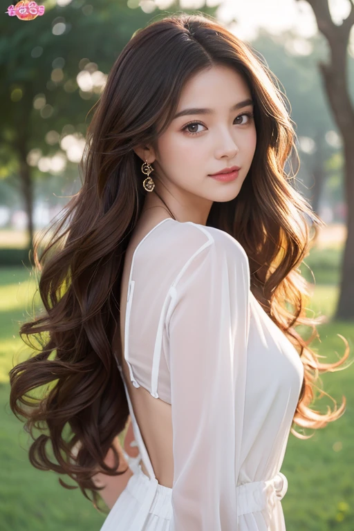 highest quality、4K、Perfect Face、Perfect Style、perfect body、Sunburn、beautiful lady、mature、long curly layer brown hair、Swept-back hair、full body, sexy 、charming、healthy、of the highest quality、in the morning