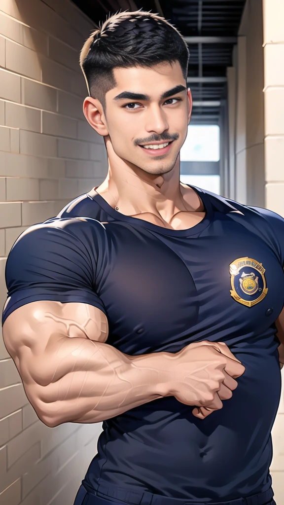 (handsome Man),(Thin mustache:1.1),(crew cut short hair:1.5),black eye,
(navy blue tight-fitting round neck short sleeve T-shirt:1.3),(Police badge:1.3),navy blue cargo pants,(navy_gloves:1,3),
Korean guy,chest muscles,large arm muscles,blood vessel,Big muscles,Broad shoulders,(open mouth:1.2),(face up:1.2),(open eyes:1.5),middle of the road,smile,(under town:1.4),