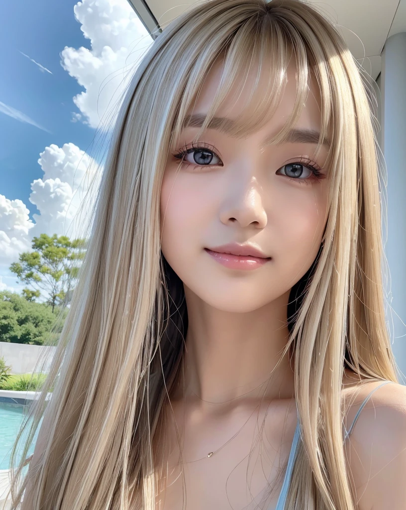 (Highest quality, 32k, High resolution, Masterpiece:1.5, ), marimo_jet, god々A photograph with brilliant dazzling and healing power., Evoking a sense of calm and elusive beauty, Expressing emotions, Have a rich imagination,Beautiful Japanese Girls, An exceptionally beautiful face, Small Face Beauty, Perfect Human Anatomy, Magical big eyes, Motherhood and generosity, Deep Love, fleeting smile, ((Shiny ash beige hair:1.4)), Super Long Straight Silk Hair, Asymmetrical bangs, Hair between the eyes, Transparent, soft white skin, Sharp eyebrows, Thin lashes, Natural Makeup, Cheek highlighter, Pale pink detailed lips, ((Light blue thin camisole:1.3)), High resolutionの完璧な鎖骨, High resolutionの美しい胸元, Slim figure with ample breasts, High resolutionの美しい太もも, ((Detailed blue sky and clouds in summer:1.2)), ((Beautiful Hibiscus:1.2)), Professional Lighting, Professional photographer, Professional models, god秘的
