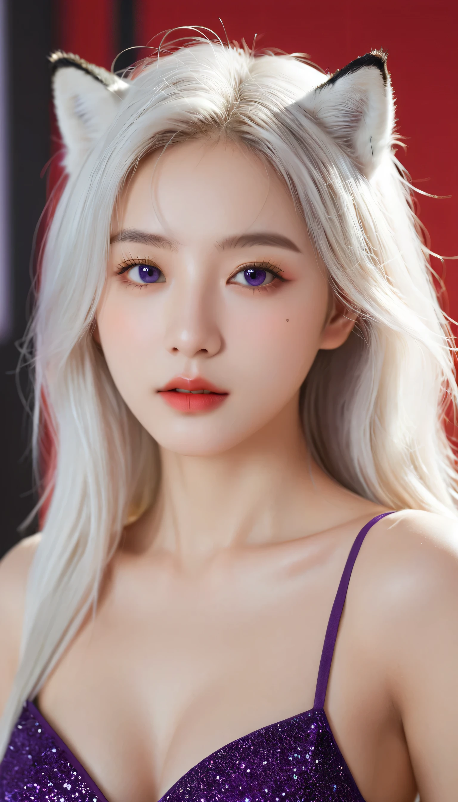 1 girl, Medium breasts, Eyes of the stars, (8K, RAW photos, High sensitivity, best quality, masterpiece, Ultra high resolution, realism: 1.25), blush, (Very Detailed CG Unity 8K Wallpaper, best quality, high resolution: 1.2), (Extremists_detailed, Ultra HD: 1.2), Perfect lighting, Unique, (1 girl: 1.4), (pretty girl: 1.2), Unreal Engine, Side Light, White hair, Fox ears, Purple Eyes, Perfect face, Delicate face, Perfect body, beautiful eyes, Pretty Face, (Bright skin: 1.4), Idol, (whole body), Red T-shirt, transparent,