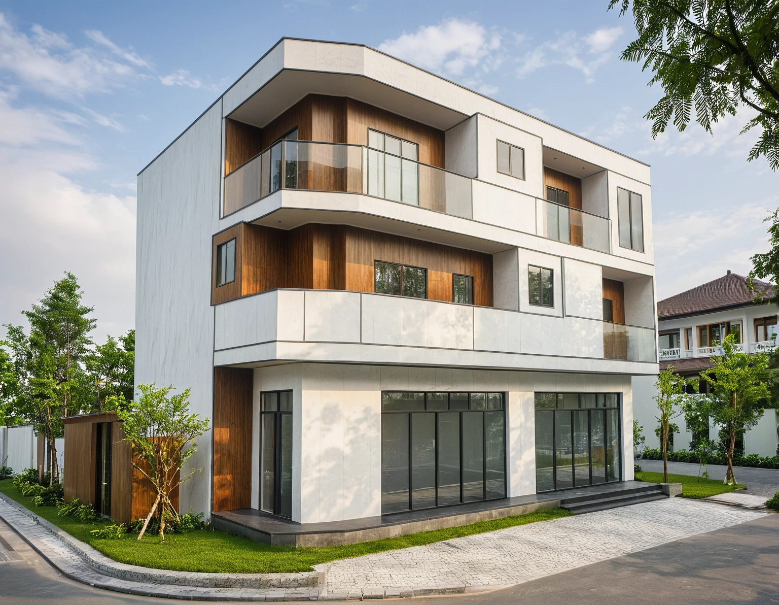 modern villa on street, (daylight), tropical tree, vivid colour, streetcapes, white tone, white wall, large glass door, warm interior lighting, wood and marble, best quality, 17ArchiAI_XL_VL-v1