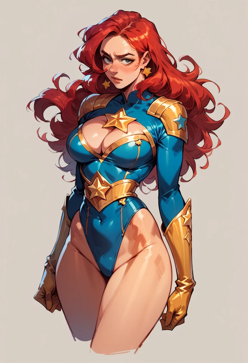 masterpiece,Sexy, Superheroine, Red hair, long hair, busty, ((blue highleg leotard with a t-back thong and a gold star insignia on chest)), gold boots, gold gloves, curvy, ((cleavage cutout)), anime