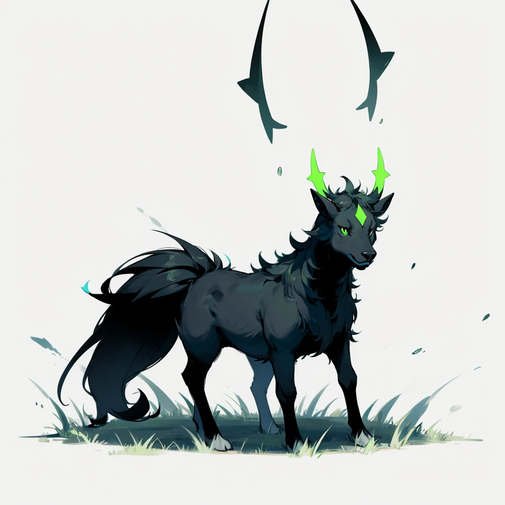 pokemon evolution, black and white skin, green eyes, has horns, Grassroots, no background