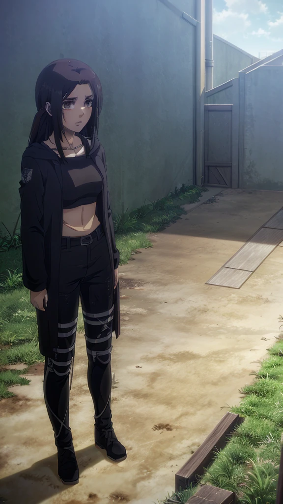 Make a girl tall 6'2,Hair black mix Brown,Eyes color Havel, Skin pale, Survey Corps shirt and pants season 4,Odm gear modern anime grab sword, and eyes bags ,Wall maria background 
, Paradise girl 