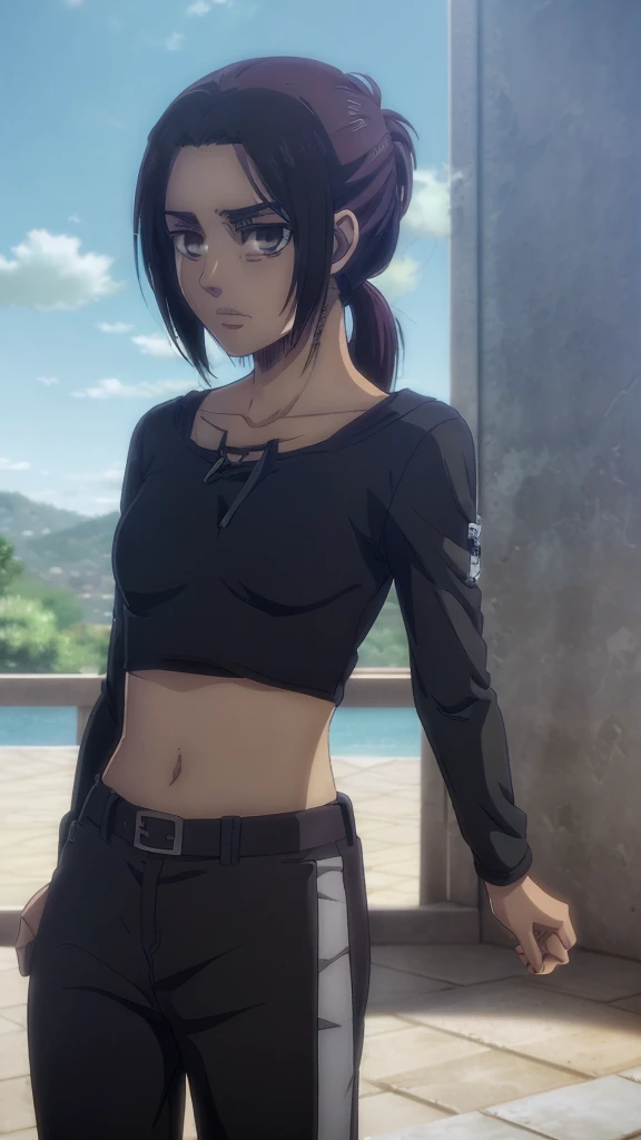 Make a girl tall 6'2,Hair black mix Brown,Eyes color Havel, Skin pale, Survey Corps shirt and pants season 4,Odm gear modern anime grab sword, and eyes bags ,Wall maria background 
, Paradise girl 