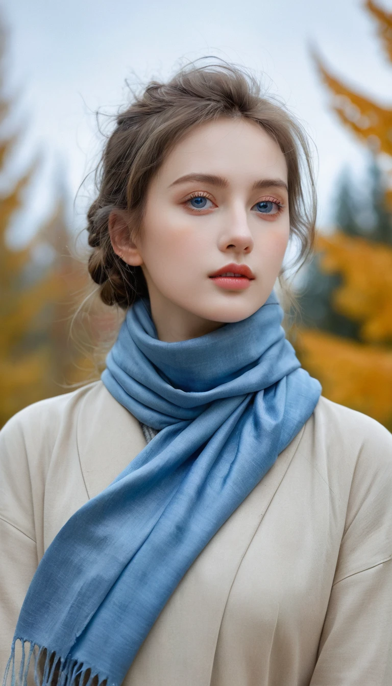 (8K, best quality, masterpiece: 1.2), (best quality: 1.0), (Ultra-high resolution: 1.0), watercolor, A beautiful woman, (Shining pupils,Blue pupils),Shoulder, scarf, Agnes Cecil, bust, Extremely bright design, Soft colors, Autumn Lights, Melancholy Gray, Gritty StyleAlexei Savlasov, Ivan Shishkin, Ilya Repin, (Card decoration: 1.2), 2D, (painting: 1.2) Very detailed