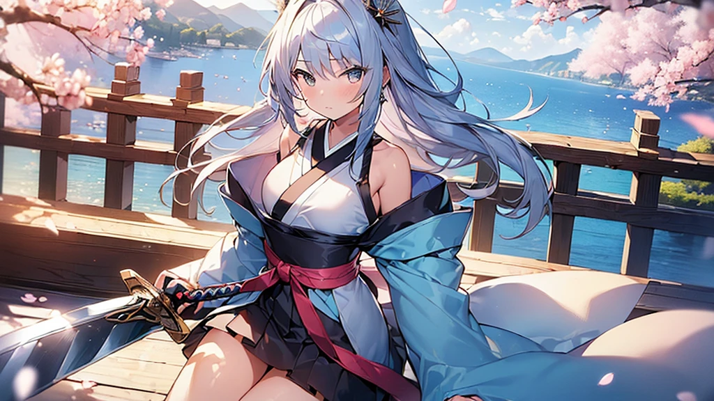 (masterpiece, Highest quality: 1.5) , , Dynamic pose, 1 beautiful girl(Grasp the sword:1.3), Alone wearing a Japanese kimono, Silver Hair, (Blue too :1.3), Off the shoulder, Long Hair, Wavy Hair, (Middle school students:1.2), Medium chest, Standard weight, (anger), Beautiful view of cherry blossoms, Amazing panoramic views, SakuraFubuki:1.2