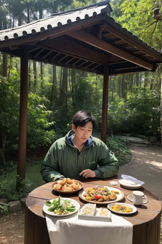 In the forest,A Chinese man,Wearing outdoor clothing,Sitting at the table, looking sideways into the distance, thoughtfully。Chicken, fish, and several dishes of vegetables were placed on the table.,Realistic style,HD,Beautiful light,Masterpieces of Photography