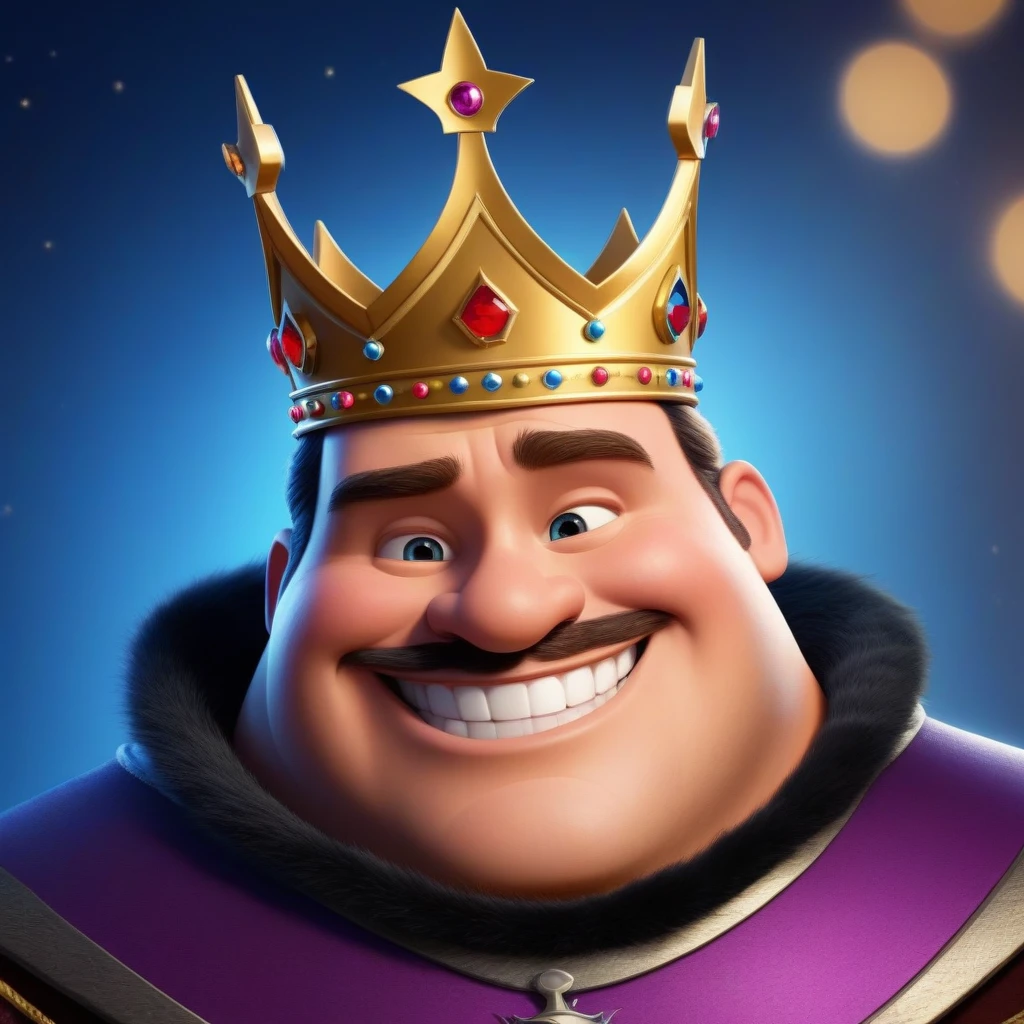 The character is a king, вдохновленный Disney Pixar, He wears a crown, smiling, ,