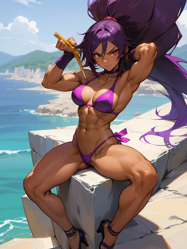 18 year old Yoruichi Shihöin from Bleach with tanned skin in a highlighter purple thong bikini flexing her muscles in a fromt double bicep pose to pridefully show off her rock hard abs and sitting on her heels on a mountain ledge, highly detailed