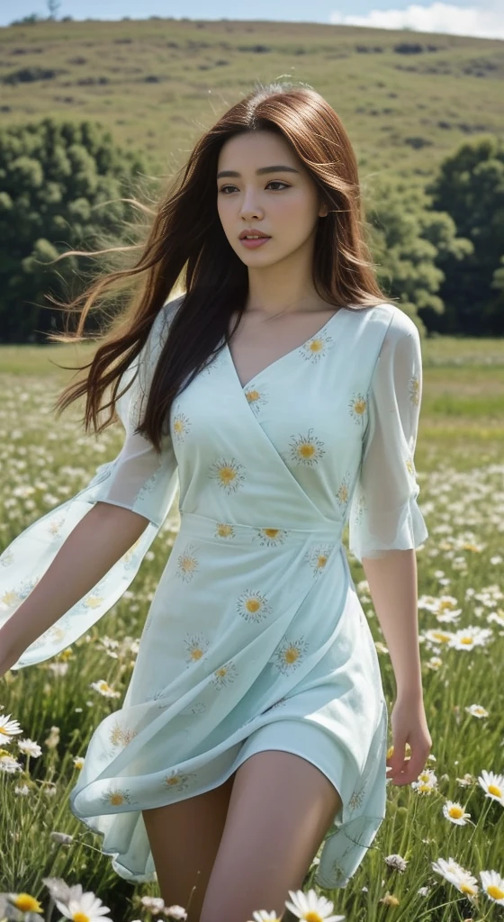 Araaf woman close-up, ของผู้หญิงlong hairชาวเอเชียตะวันออกเฉียงใต้ที่มีใบหน้ากลม, ,ponytail, long hairลอยปลิวขึ้น, black eyes, staring at the viewer, abdominal muscles, Large chest 36 inches, Warm light, morning sun,  long hair,black eyes,abdominal muscles, The body is beautiful and strong., rounded chest, (digital painting, HDR, high contrast), 3-D, 8K, 45,000,000 pixcls,