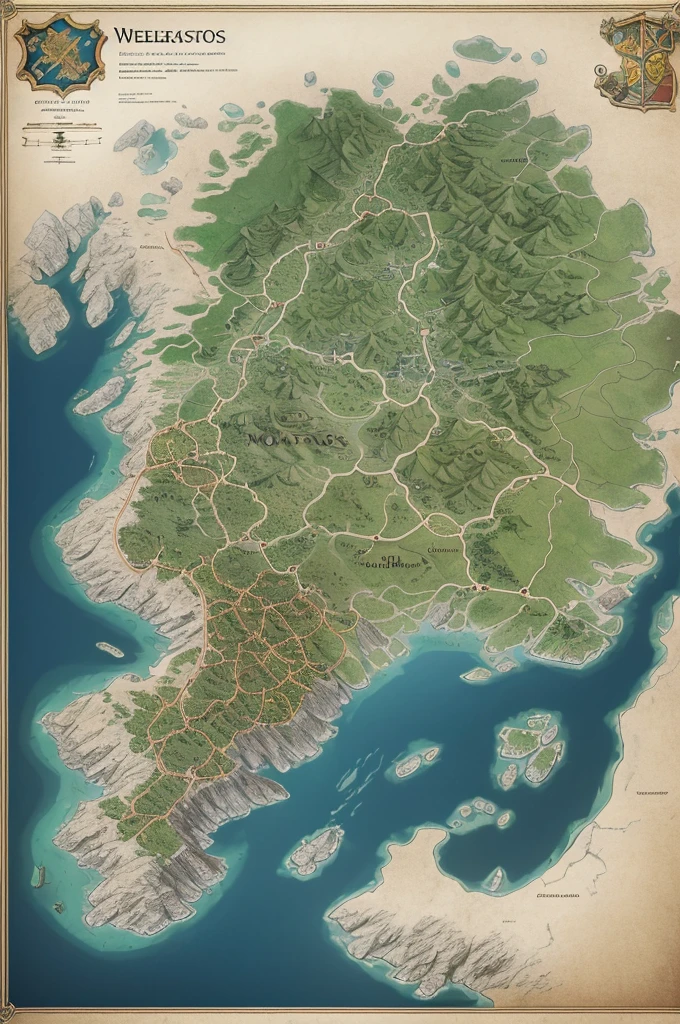 Make a map of Westeros, a large and vast kingdom with trees and villages with well-structured houses. As it is an isolated kingdom, they are on an island, all around is water. 
