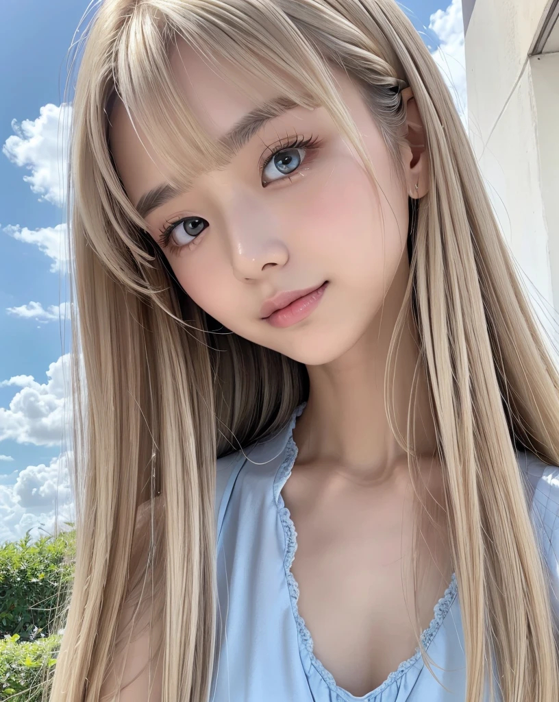 (Highest quality, 32k, High resolution, Masterpiece:1.5, ), marimo_jet, god々A photograph with brilliant dazzling and healing power., Evoking a sense of calm and elusive beauty, Expressing emotions, Have a rich imagination,Beautiful Japanese Girls, An exceptionally beautiful face, Small Face Beauty, Perfect Human Anatomy, Magical big eyes, Motherhood and generosity, Deep Love, A fleeting smile, ((Shiny ash beige hair:1.4)), Super Long Straight Silk Hair, Asymmetrical bangs, Hair between the eyes, Transparent, soft white skin, Sharp eyebrows, Thin lashes, Natural Makeup, Cheek highlighter, Pale pink detailed lips, ((Light blue thin camisole:1.3)), High resolutionの完璧な鎖骨, High resolutionの美しい胸元, Slim figure with ample breasts, High resolutionの美しい太もも, ((Detailed blue sky and clouds in summer:1.2)), ((Beautiful Hibiscus:1.2)), Professional Lighting, Professional photographer, Professional models, god秘的
