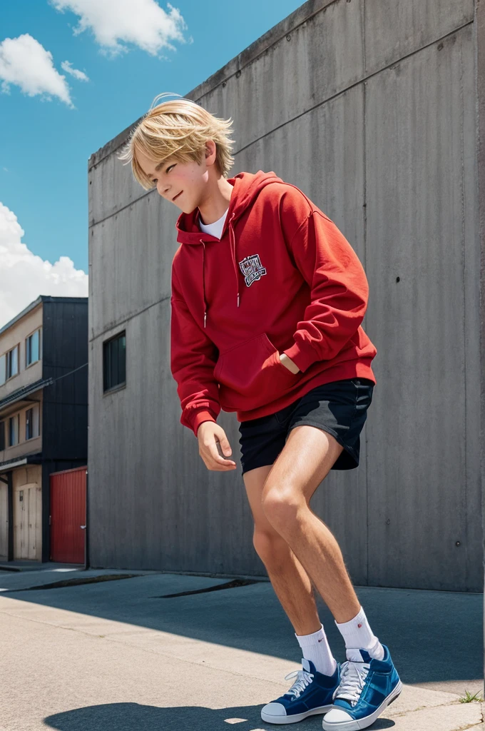Create an anime-style illustration of a boy skateboarding in mid-air. The boy should have a joyful expression, blonde hair, and be wearing a red hoodie with black shorts, similar to the girl in the reference image. The background should feature a clear blue sky with some clouds, utility poles, and buildings in a light, sketchy style. Maintain the overall color palette and energetic feel of the original image."
