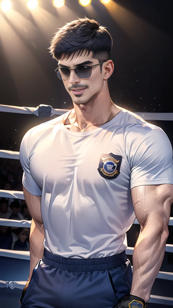 (handsome Man),(Thin mustache:1.1),(crew cut short hair:1.5),black eye,
(navy blue tight-fitting round neck short sleeve T-shirt:1.3),(Police badge:1.3),navy blue cargo pants,(navy_gloves:1,3),(navy_backpack:1.3),(sunglasses:1.3),
Korean guy,chest muscles,large arm muscles,blood vessel,Big muscles,Broad shoulders,(open mouth:1.2),(face up:1.2),(open eyes:1.5),middle of the road,smile,(boxing ring:1.4),