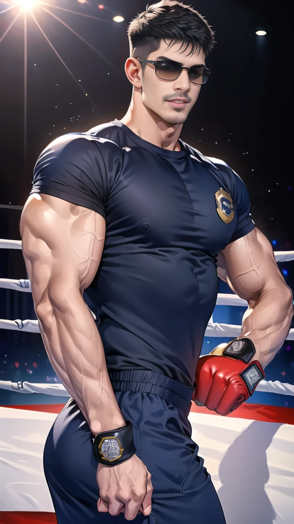 (handsome Man),(Thin mustache:1.1),(crew cut short hair:1.5),black eye,
(navy blue tight-fitting round neck short sleeve T-shirt:1.3),(Police badge:1.3),navy blue cargo pants,(navy_gloves:1,3),(navy_backpack:1.3),(sunglasses:1.3),
Korean guy,chest muscles,large arm muscles,blood vessel,Big muscles,Broad shoulders,(open mouth:1.2),(face up:1.2),(open eyes:1.5),middle of the road,smile,(boxing ring:1.4),