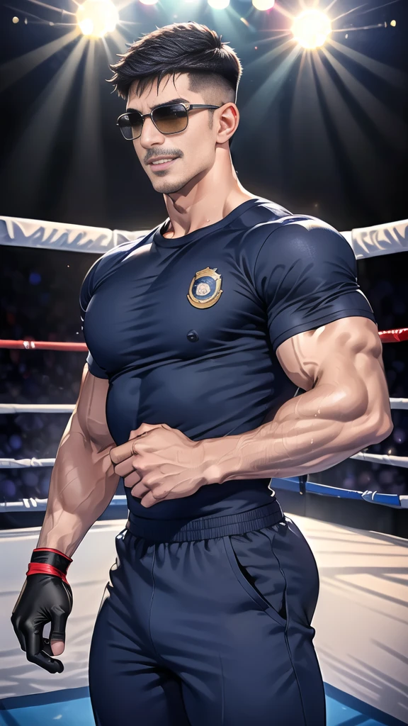 (handsome Man),(Thin mustache:1.1),(crew cut short hair:1.5),black eye,
(navy blue tight-fitting round neck short sleeve T-shirt:1.3),(Police badge:1.3),navy blue cargo pants,(navy_gloves:1,3),(navy_backpack:1.3),(sunglasses:1.3),
Korean guy,chest muscles,large arm muscles,blood vessel,Big muscles,Broad shoulders,(open mouth:1.2),(face up:1.2),(open eyes:1.5),middle of the road,smile,(boxing ring:1.4),