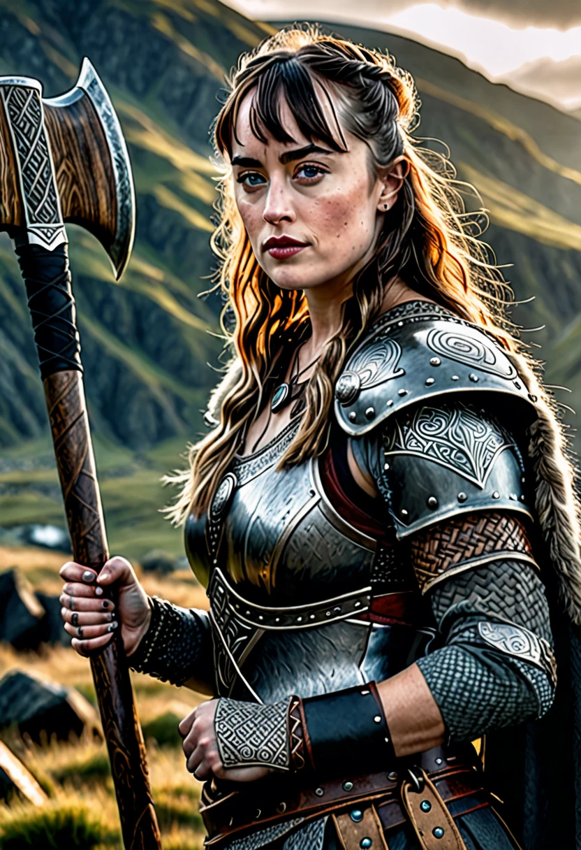 a beautiful viking warrior woman with many facial tattoos, Dakota Johnson, holding an axe, detailed portrait, cinematic lighting, dramatic pose, intricate armor, rugged landscape, muted color palette, realistic, photorealistic, 8k, high quality, hyper detailed, masterpiece