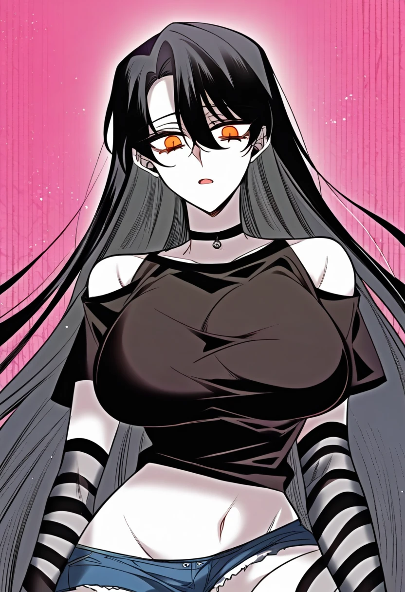 1girl, pale skin, black hair, orange eyes, very long hair, off shoulder, black shirt, striped gloves, striped thighhighs, midriff peek, short shorts, large breasts, choker, expressionless, open mouth, (shoujo-style:1.25, sexy-style:1.25)