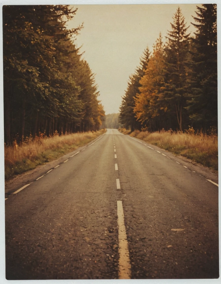 polaroid photo of a road, warm tones, perfect landscape. model style. morning time, sky could, height quality
