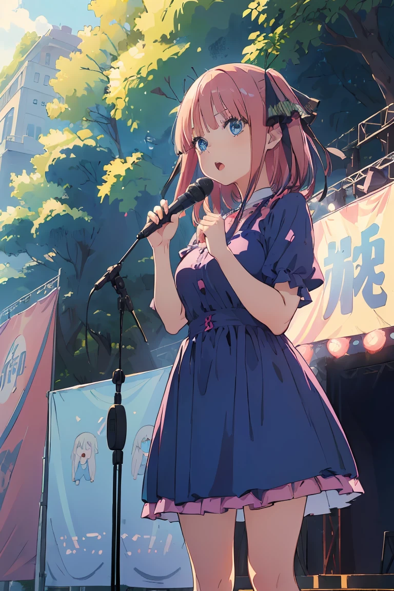 ((masterpiece, best quality)),very detailed, simple eyes, ((((outdoors,standing)))), (((blue eyes))), 1girl, (((kawai dress))), (((sing))), (((stage live live))), (((use microphone))),, nakano nino, 4k, extremely fine illustration, pink silky hair, hair ribbons