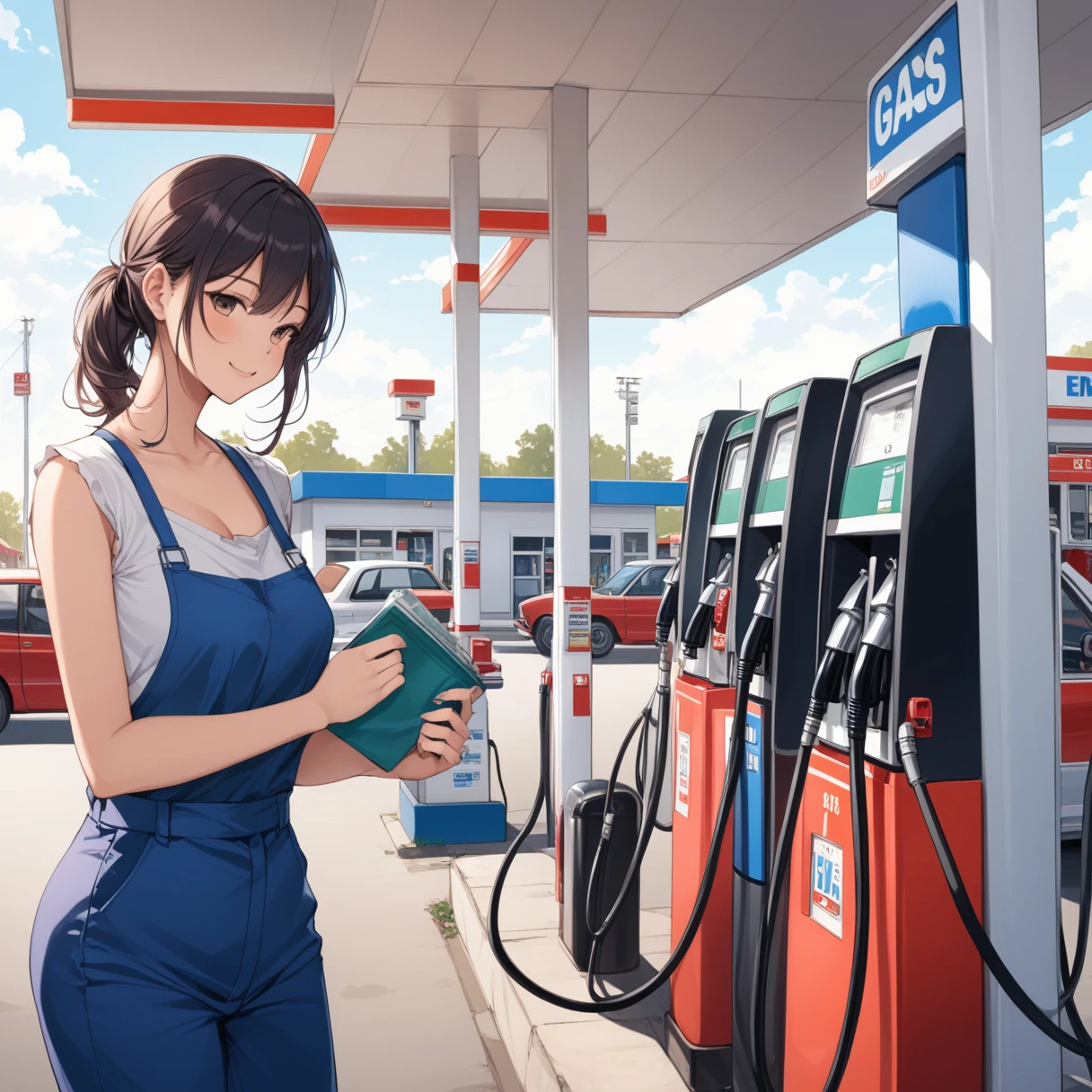 Girl working at a gas station
