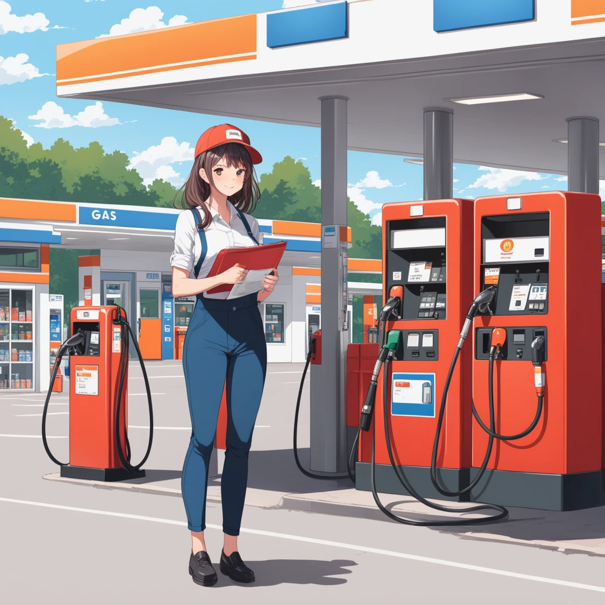 Girl working at a gas station