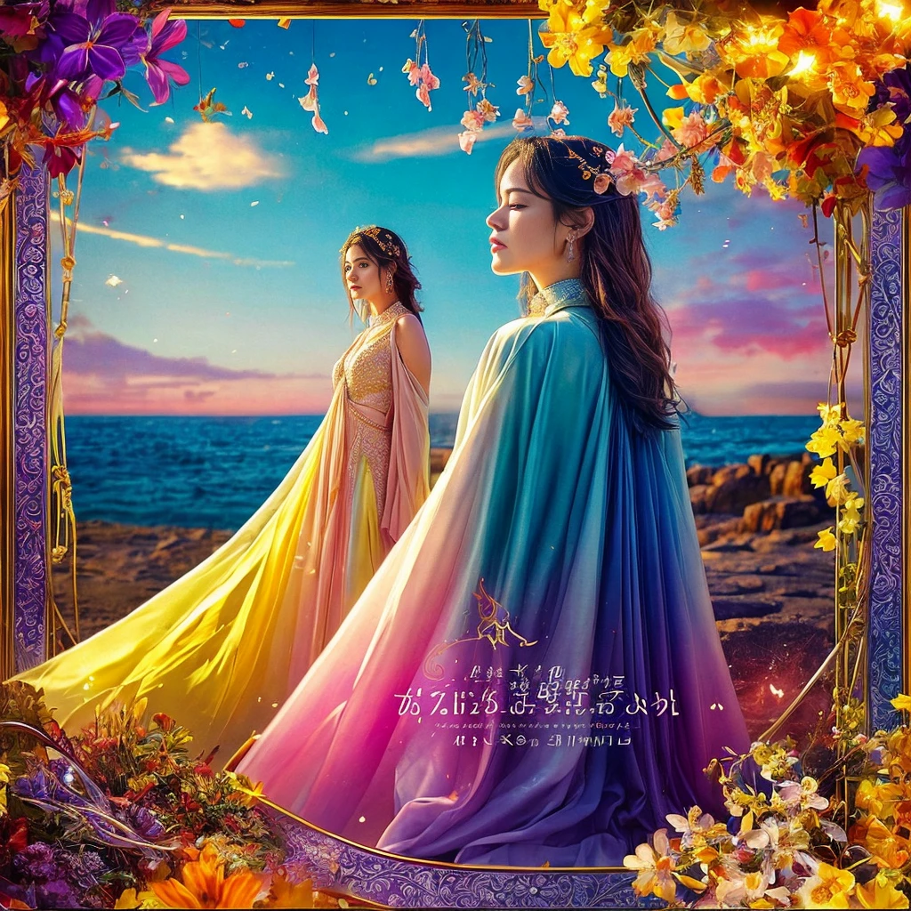 
Background: Divide the background into two halves. The left half should depict a serene, comforting home setting with warm tones (such as soft yellows, oranges, and browns). The right half should illustrate a dreamy, alluring landscape with cooler tones (such as blues, purples, and soft pinks) to represent the longing and temptation.

Central Elements: In the middle, depict a woman standing at the crossroads, facing a difficult choice. Her expression should be one of deep contemplation and sadness. To the left, have a figure of a man, her husband, portrayed with an aura of stability and peace. To the right, depict an older man, her senior, exuding a mysterious and tempting charm.

Foreground: Include subtle symbols around the woman that represent her internal conflict. On the left side, show symbols of home and stability, like a small house, a heart, and an anchor. On the right side, include symbols of desire and adventure, like a key, an open door, and stars.

Symbols: Incorporate elements that highlight the theme of being torn between two loves. Use contrasting elements like broken chains near the woman to signify her struggle to break free from her emotions, and blooming flowers near her feet to symbolize growth and the possibility of a new beginning.

Text: The album title "Torn Between Two Loves" should be prominently displayed at the top in a flowing, elegant font. The artist's name, "Your Name," should be at the bottom in a bold, modern font.

Color Scheme: Use a warm color palette (soft yellows, oranges, browns) on the left side to represent comfort and past, transitioning to a cool color palette (blues, purples, pinks) on the right side to represent longing and future possibilities. The middle area where the woman stands can
。 High resolution, masterpiece, Highest quality, Intricate details, Very detailed, Clear focus, Delicate skin, practical skin texture, texture, Delicate eyes, Professional, 4K, Shot with Canon, 85mm, Shallow and deep,  Kodak Vision Color, Exactly, Very detailed, photograph_\(Extremist\), photographpractical, practical, Post-processing, Maximum details, Roughness, Real Life, Extremist practical, Photorealism, photographgraphy, 8K Ultra HD, photographgraphy