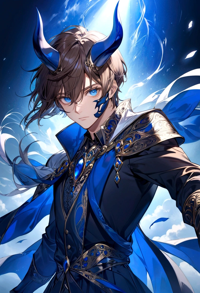 (man in half mask)(blue color)(blue eyes) brown hair)(blue horns)