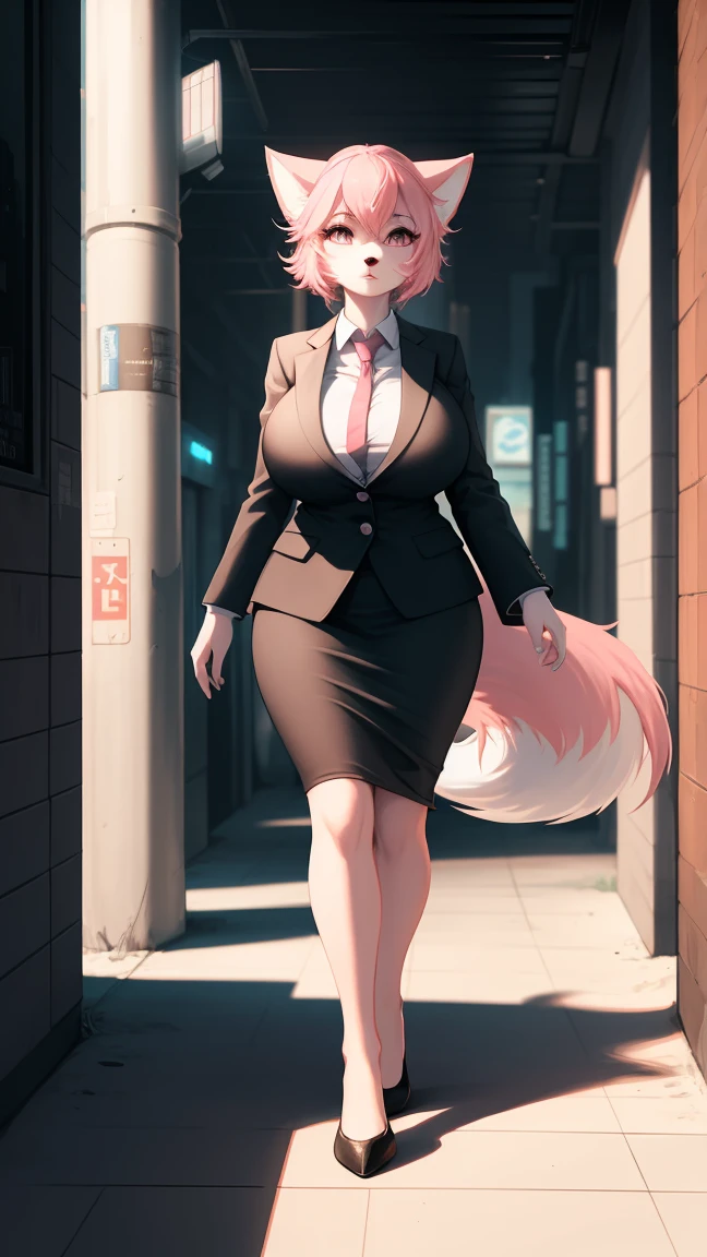 Cyberpunk fox, Beautiful light and shadow on the beautiful face with light pink hair、Ambient lighting on the beach、Ultrafine fur、Volumetric lighting is very detailed,Highest quality furry art,Extra large breasts,business attire
