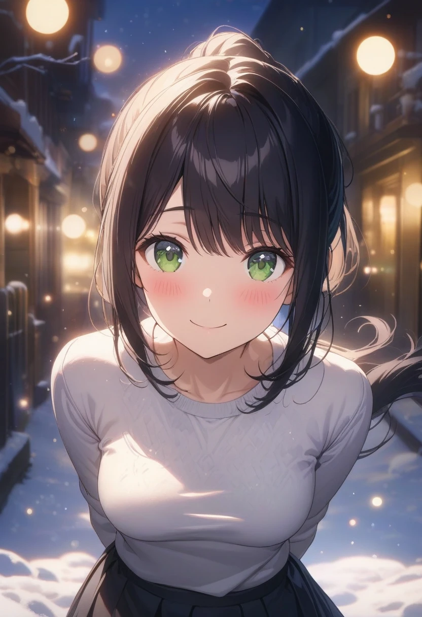 1girl, solo, official art, black hair, green eyes, smile, attractive, looking at viewer, pony tail, side bangs, medium breasts, black pleated skirt, white shirt, hands behind back, raised eyebrows, expressive, smile, outdoors, scenery, best quality, masterpiece, (very aesthetic, best quality, ultra detailed), light particles, snow, moonlight, street, blush, swept_bangs, close-up, straight-on, light particles, centered, bokeh background, style
