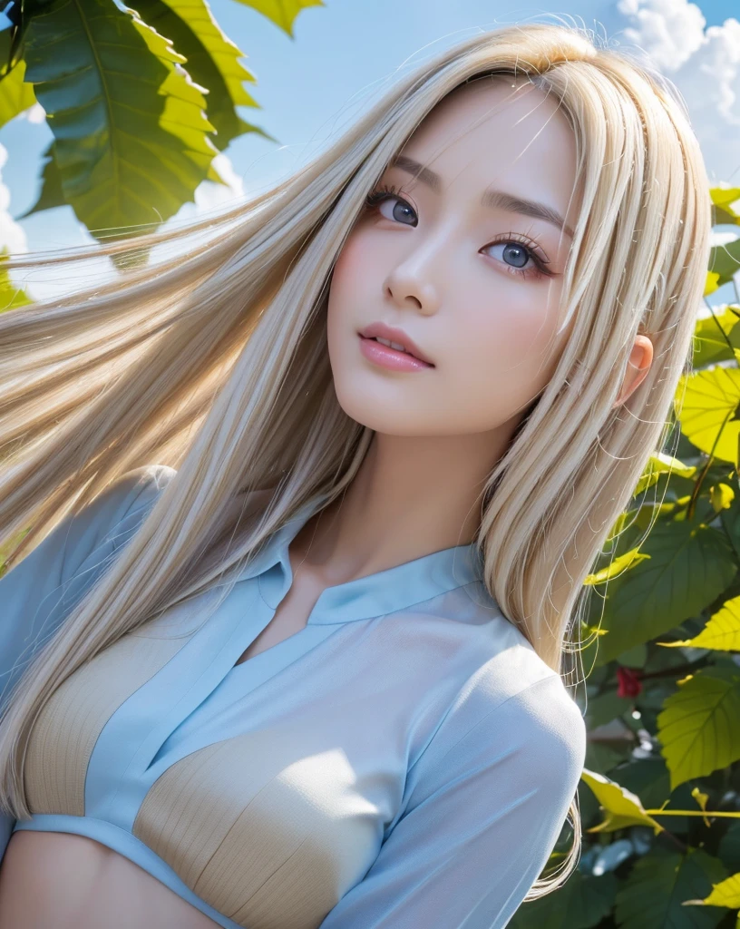 (Highest quality, 32k, High resolution, Masterpiece:1.5, ), marimo_jet, god々A photograph with brilliant dazzling and healing power., Evoking a sense of calm and elusive beauty, Expressing emotions, Have a rich imagination,Beautiful Japanese Girls, An exceptionally beautiful face, ((Low - Angle:1.4)), Small Face Beauty, Perfect Human Anatomy, Magical big eyes, Motherhood and generosity, Deep Love, A fleeting smile, ((Shiny ash beige hair:1.4)), Super Long Straight Silk Hair, Asymmetrical bangs, Hair between the eyes, Transparent, soft white skin, Sharp eyebrows, Thin lashes, Natural Makeup, Cheek highlighter, Pale pink detailed lips, ((Light blue thin camisole:1.3)), High resolutionの完璧な鎖骨, High resolutionの美しい胸元, Slim figure with ample breasts, High resolutionの美しい太もも, ((Detailed blue sky and clouds in summer:1.2)), ((Beautiful Hibiscus:1.2)), Professional Lighting, Professional photographer, Professional models, god秘的